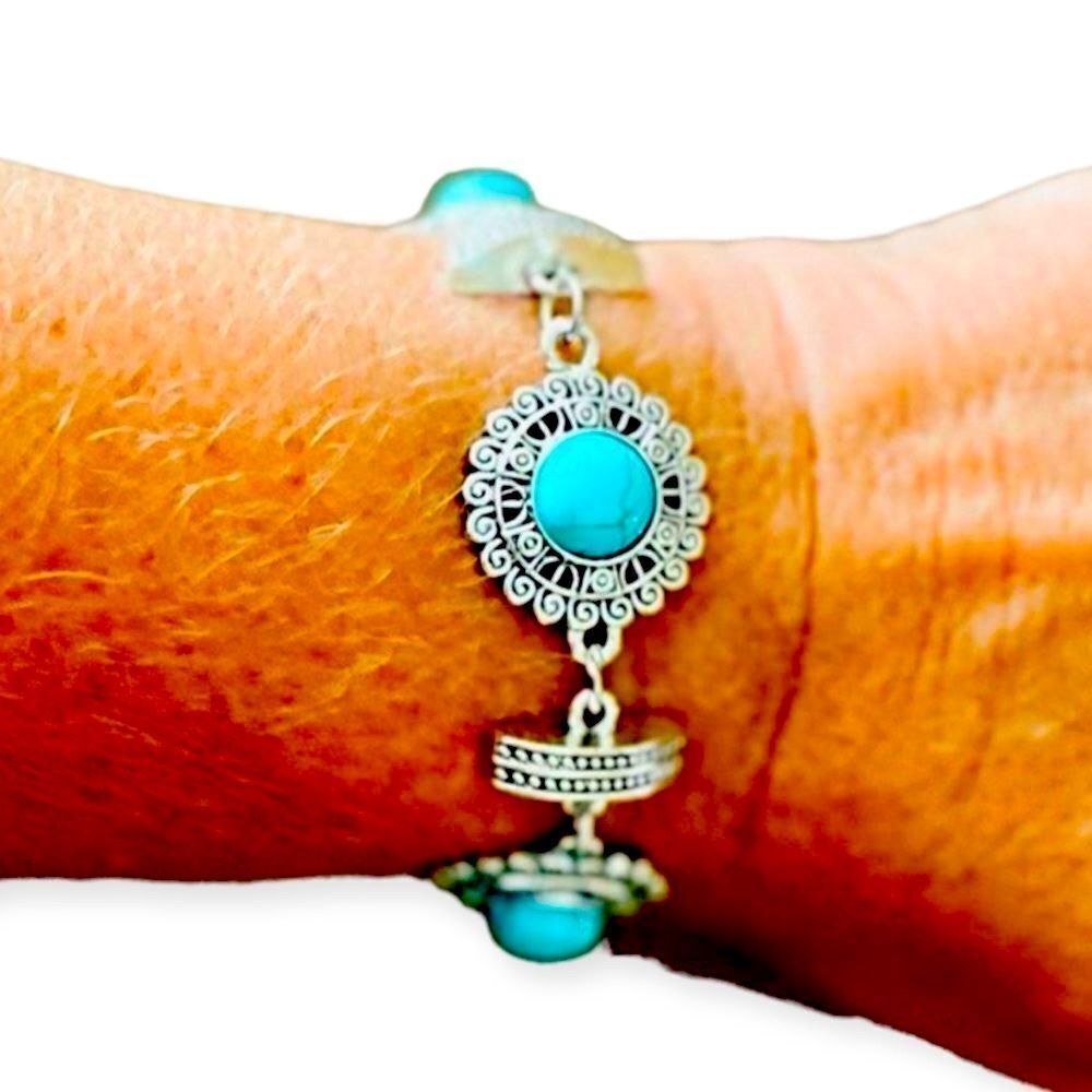 Turquoise Silver Round Filagree Links Adjustable Toggle Bracelets NEW